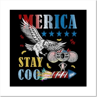 Merica Funny Eagle and Mouse on Fireworks Stay Cool Posters and Art